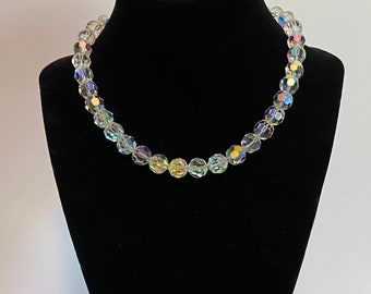 Vintage 50s 60s Heavy Aurora Borealis Cut Crystal Bead Necklace!