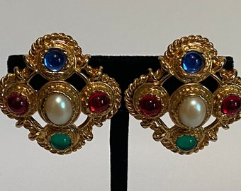 Vintage ELLEN DESIGNS Multi-Color Cabochon Gold-Tone Clip on Earrings!