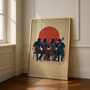 May include: A framed wall art print featuring a dark silhouette of a string quartet playing instruments against a solid beige background with a large red circle. The musicians are depicted with flowing red and blue lines emanating from them.