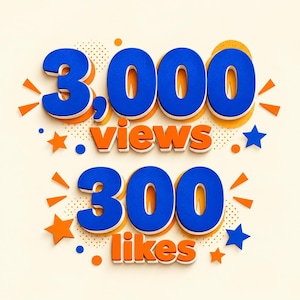 May include: A graphic design featuring the blue text 3,000 and 300 with the orange text views and likes. The design includes orange and blue stars, dots, and radiating lines on a light cream background, creating a layered 3D effect.
