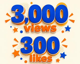 Puede incluir: Un diseño gráfico que muestra el texto azul 3.000 y 300 con el texto naranja views y likes. El diseño incluye estrellas naranjas y azules, puntos y líneas radiantes sobre un fondo crema claro, creando un efecto 3D en capas.