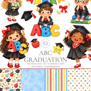 May include: A digital collection of graduation-themed illustrations featuring children in black caps and gowns, colorful ABC letters, diplomas with red bows, a bunting banner, and patterned backgrounds with text reading ABC GRADUATION.