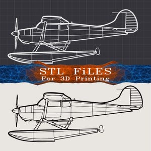 May include: A digital illustration of a seaplane shown in two styles: a white wireframe outline on a dark grid and a black line drawing on a light background. The text "STL FILES For 3D Printing" is centered between the two airplane drawings.