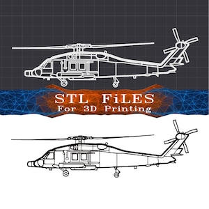Puede incluir: Un gráfico digital que muestra dos dibujos lineales de perfil de un helicóptero. El dibujo superior es blanco sobre una cuadrícula oscura y el inferior es negro sobre blanco. El texto central dice: STL FILES For 3D Printing, sobre un fondo geométrico naranja.