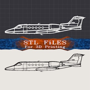 May include: A digital graphic featuring two side-profile line drawings of a private jet aircraft. The top drawing is white on a dark grid, and the bottom is black on a light background. Text in the center reads: STL FILES For 3D Printing.
