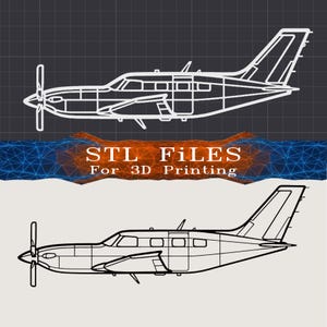 May include: A digital graphic featuring two side-profile line drawings of a single-engine propeller airplane. The top drawing is white on a dark grid, and the bottom is black on a light background. Text reads: STL FILES For 3D Printing.