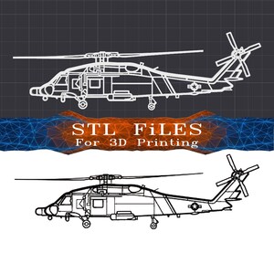 Puede incluir: Un gráfico digital que presenta dos ilustraciones de líneas blancas de un helicóptero militar en vista de perfil. El texto "STL FILES For 3D Printing" está centrado entre los dos dibujos de helicópteros sobre un fondo de cuadrícula oscura y formas geométricas naranjas.