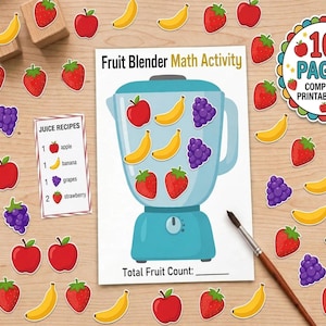 May include: A Fruit Blender Math Activity printable set featuring a central sheet with a blue blender illustration, a Juice Recipes card, and numerous cut-out fruit shapes including red apples, yellow bananas, purple grapes, and red strawberries.
