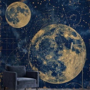 May include: A dark blue wall mural featuring two large golden moons and intricate celestial star charts with thin gold lines. A dark gray upholstered armchair sits in front of the wall, and a tall, thin gold floor lamp stands to the right.