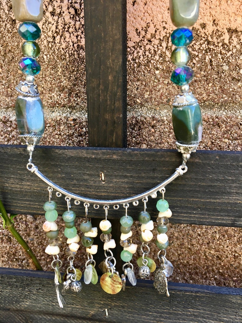 Multi-Strand Sea-Themed Necklace with Stone Beads /& Tiny Shells