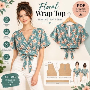 May include: A floral wrap top sewing pattern featuring a teal fabric with peach flowers, short sleeves, a V-neckline, and a tie-front waist. The image includes a PDF label, technical diagrams with 30 cm and 18 cm measurements, and size range XS-2XL.