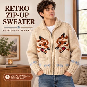 May include: A beige zip-up sweater featuring a fox motif on the chest and blue paw prints on the sleeves. The text reads RETRO ZIP-UP SWEATER CROCHET PATTERN PDF and DIGITAL DOWNLOAD PATTERN ONLY. The sweater has a shawl collar and two front pockets.