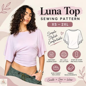 Könnte beinhalten: Ein Schnittmuster für ein Luna-Top in den Größen XS bis 2XL. Die Grafik zeigt ein hellviolettes Kurzarm-Oberteil, eine technische Strichzeichnung des Kleidungsstücks sowie Symbole für Download, A0/A4-Druck und Anleitungen.