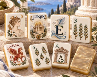 May include: A set of seven rectangular mahjong tiles with cream-colored surfaces and gold edges. The tiles feature illustrations of a woman, a temple labeled JOKER, a dove with the letter E, a griffin labeled CRAK, olive branches, and numbers.