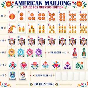 May include: A reference chart for an American Mahjong set, Dia de los Muertos edition, featuring 160 tiles total. The grid displays categories including Dots, Bams, Craks, Winds, Dragons, Flowers, Jokers, and blank tiles with colorful floral motifs.