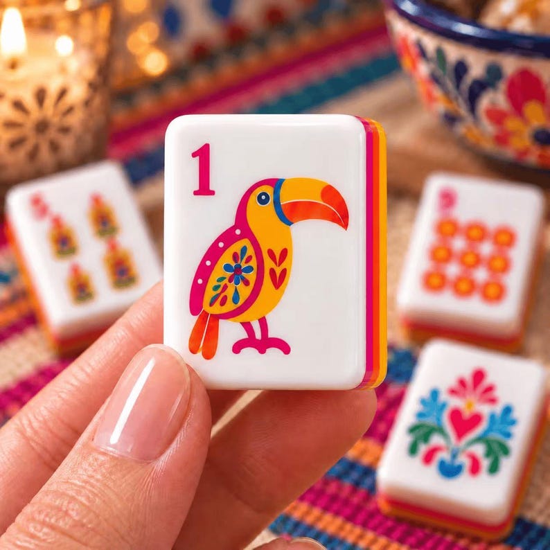 May include: A white rectangular mahjong tile featuring a colorful toucan illustration and the number 1 in pink. The tile has a layered edge with pink and orange stripes. Other similar game tiles with floral and numeric designs are visible nearby.