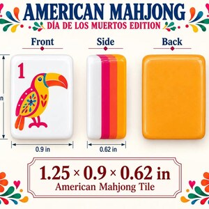 May include: American Mahjong tile from the D&iacute;a de los Muertos edition. The front shows a colorful toucan and the number 1. The side features white, pink, and orange stripes, and the back is solid orange. Dimensions are 1.25 inches by 0.9 inches by 0.62 inches.