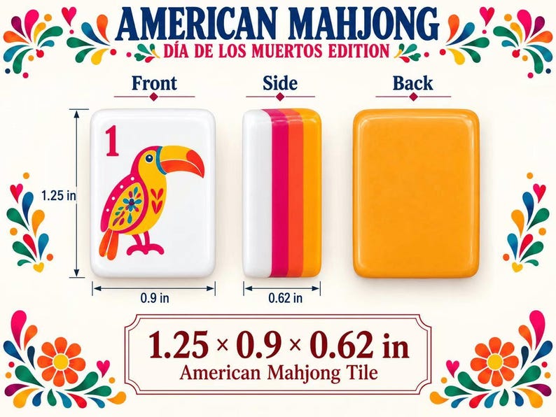 May include: American Mahjong tile from the D&iacute;a de los Muertos edition. The front shows a colorful toucan and the number 1. The side features white, pink, and orange stripes, and the back is solid orange. Dimensions are 1.25 inches by 0.9 inches by 0.62 inches.