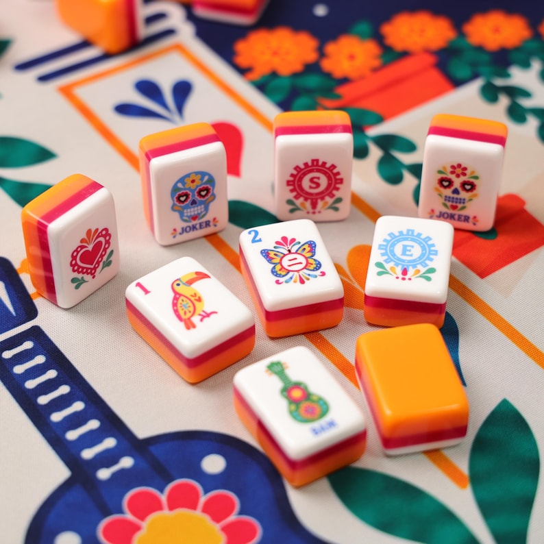 Mexican Folk Art American Mahjong Set with Mat, Dia de los Muertos Celebration Gift, 160 Tiles, Luxury Game Night Gift for Mahjong Lovers image 2