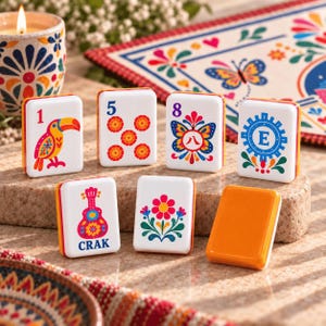 May include: A set of seven rectangular mahjong tiles with white faces and orange backs. The tiles feature colorful graphic designs including a toucan, a guitar labeled CRAK, a butterfly, a flower, the number 5 with dots, the number 8, and the letter E.