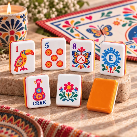 Mexican Folk Art American Mahjong Set with Mat, Dia de los Muertos Celebration Gift, 160 Tiles, Luxury Game Night Gift for Mahjong Lovers