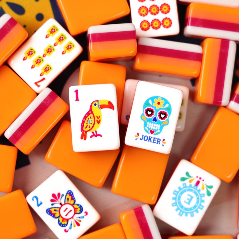 Mexican Folk Art American Mahjong Set with Mat, Dia de los Muertos Celebration Gift, 160 Tiles, Luxury Game Night Gift for Mahjong Lovers image 10