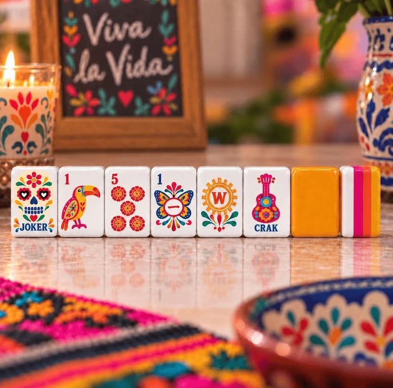 May include: A row of seven rectangular game tiles featuring colorful folk art designs, including a sugar skull labeled JOKER, a toucan, a number five, a butterfly, a letter W, a guitar labeled CRAK, and two solid orange and striped tiles.