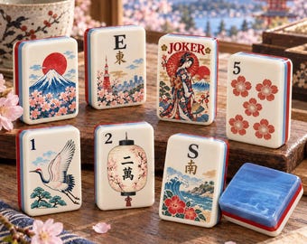 May include: A set of seven rectangular mahjong tiles featuring Japanese-inspired illustrations including Mount Fuji, a geisha, a crane, a paper lantern, and floral patterns. Each tile has a white face with colorful graphics and a blue and red border.