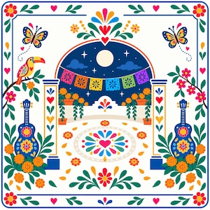 May include: A square illustration featuring a night scene with a full moon, colorful papel picado banners, and two blue guitars. The design includes a toucan, butterflies, orange marigold flowers, and green foliage arranged around a central archway.