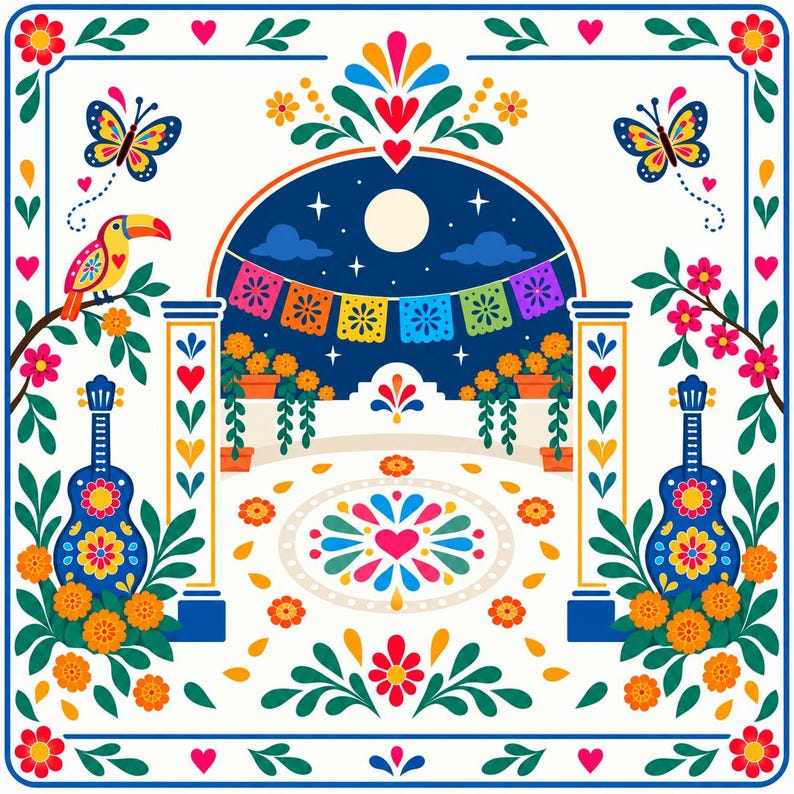 May include: A square illustration featuring a night scene with a full moon, colorful papel picado banners, and two blue guitars. The design includes a toucan, butterflies, orange marigold flowers, and green foliage arranged around a central archway.