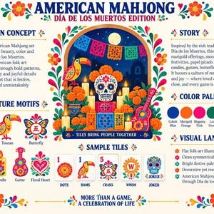 May include: An American Mahjong set, D&iacute;a de los Muertos edition, featuring a central illustration of a sugar skull, candles, and a toucan. The design includes sample tiles labeled Dots, Bams, Craks, Winds, and Joker, with vibrant floral motifs.