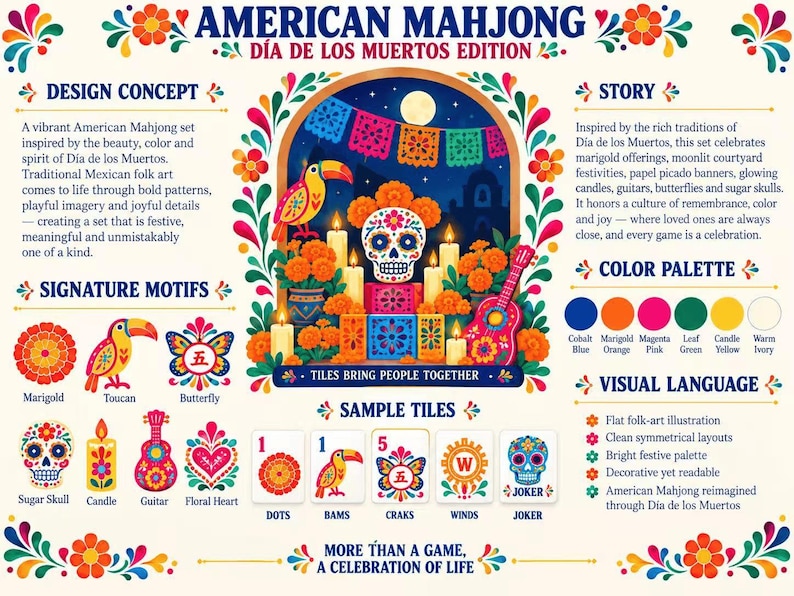 May include: An American Mahjong set, D&iacute;a de los Muertos edition, featuring a central illustration of a sugar skull, candles, and a toucan. The design includes sample tiles labeled Dots, Bams, Craks, Winds, and Joker, with vibrant floral motifs.