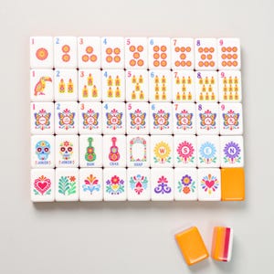 Mexican Folk Art American Mahjong Set with Mat, Dia de los Muertos Celebration Gift, 160 Tiles, Luxury Game Night Gift for Mahjong Lovers image 3