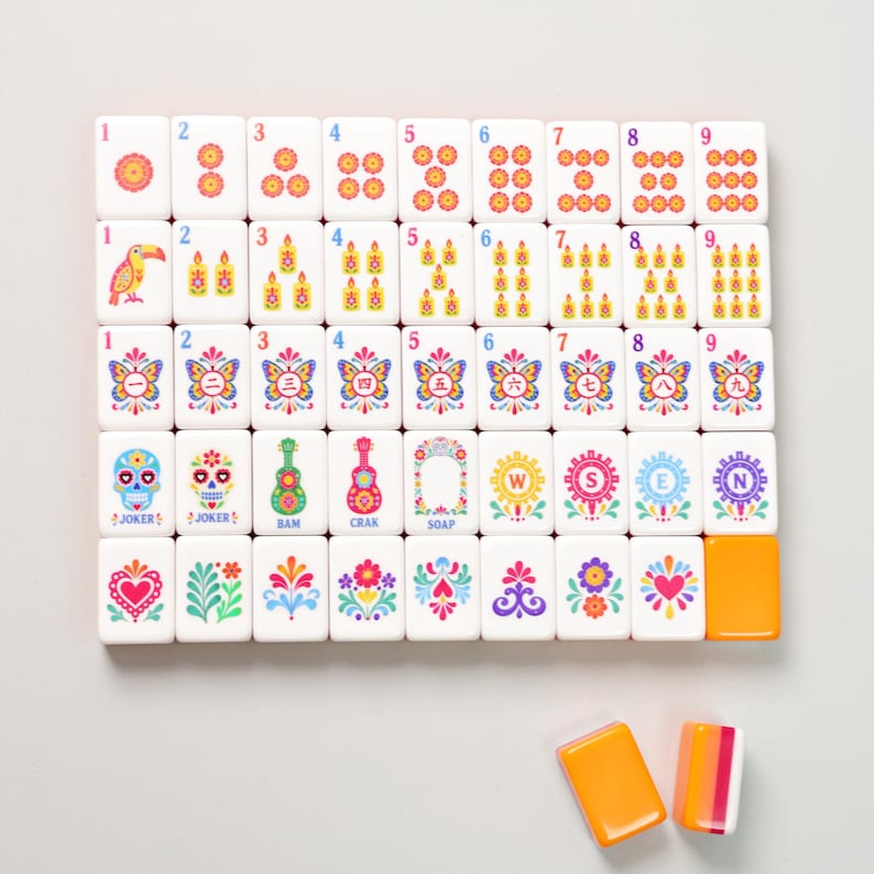 Mexican Folk Art American Mahjong Set with Mat, Dia de los Muertos Celebration Gift, 160 Tiles, Luxury Game Night Gift for Mahjong Lovers image 3