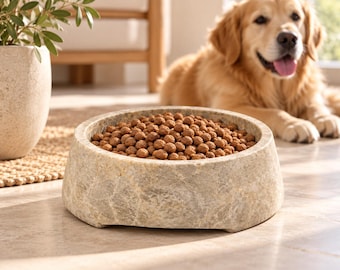 Beige Marble Dog Bowl, Natural Stone Pet Food Bowl, Handmade Luxury Dog Feeder, Modern Pet Bowl, 18 cm Marble Bowl