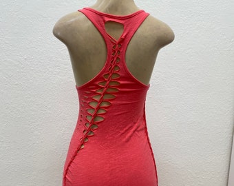Coral Tie Waist Dress Cut Up by Sniptease