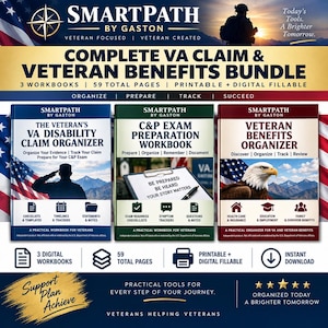 May include: A complete VA claim and veteran benefits bundle featuring three workbooks with 59 total pages. The set includes The Veteran's VA Disability Claim Organizer, C&P Exam Preparation Workbook, and Veteran Benefits Organizer, all printable and digital fillable.