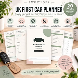 May include: A UK First Car Planner set with 20 pages, featuring sections for budget, car comparison, insurance, maintenance, and test drive checklists. The cover displays the text My First Car Planner, UK New Driver Edition, Buy, Budget, Own, Maintain.