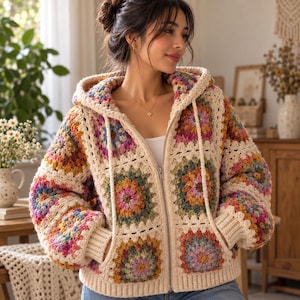 Puede incluir: Una chaqueta con capucha y cremallera confeccionada con parches de ganchillo de colores. La prenda presenta una base de color crema con motivos florales en tonos rosa, amarillo, verde y azul, completada con puños acanalados y capucha con cordón.