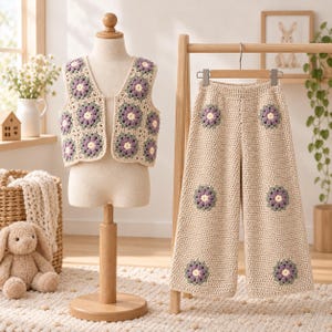 Puede incluir: Un conjunto de chaleco y pantalón ancho de ganchillo en hilo beige claro. El chaleco presenta un escote en V y está construido con motivos cuadrados con centros de flores moradas y blancas. El pantalón incluye motivos florales dispersos.