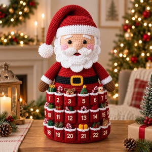 Puede incluir: Un calendario de Adviento de Papá Noel tejido a ganchillo con traje rojo, barba y gorro blancos. La base tiene veinticuatro bolsillos rojos pequeños, numerados en blanco, que contienen miniaturas tejidas como bastones de caramelo.