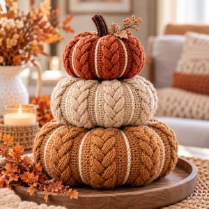 May include: A stack of three crocheted pumpkins in varying sizes and colours. The top pumpkin is burnt orange, the middle is cream, and the bottom is golden brown. Each pumpkin features a braided cable knit texture with thin white vertical stripes.