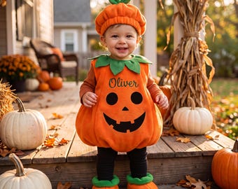 Personalized Baby Pumpkin Costume, Custom Embroidered Toddler Halloween Outfit 3pc Set, Cute Jack O Lantern Fall Photo Keepsake