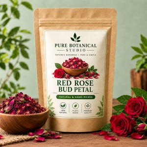 Könnte beinhalten: Ein brauner Papierbeutel mit der Aufschrift Pure Botanical Studio Red Rose Bud Petal. Das Etikett zeigt eine Holzschale mit getrockneten roten Rosenknospen, den Text Nature's Goodness Pure & Simple sowie Symbole für 100% Natural, Plant Based, Premium Quality.