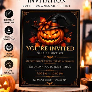 Könnte beinhalten: Eine schwarze Halloween-Einladungsvorlage mit einem leuchtenden Kürbis, der einen Hexenhut mit orangefarbener Schleife trägt. Der Text lautet: HALLOWEEN INVITATION, YOU'RE INVITED, SARAH & MICHAEL, AN EVENING OF TRICKS, TREATS & FRIGHTS, 31. OKTOBER 2026.
