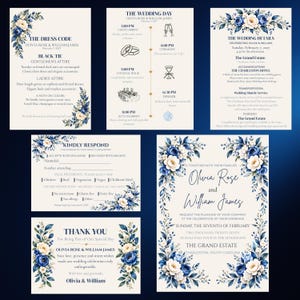 Editable Canva Wedding Invitation Suite, Navy Floral Watercolor Botanicals (Digital Download)