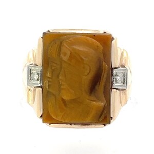 Mens tigers eye ring in 10k gold with diamond accents top