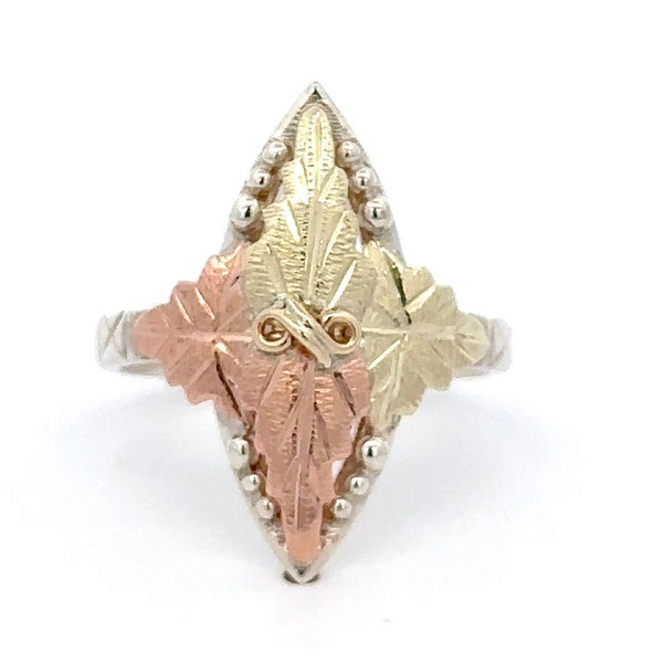 Sterling Silver Black Hills Gold Marquise Ring - Rose and Green Gold Leaves - Unique Statement Ring - Budget Friendly Statement