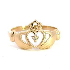 Diamond Accented Claddaugh Ring 14k Yellow Gold Engagement Promise Wedding Band Claddagh