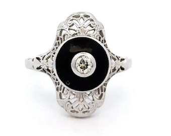 Black Onyx & Diamond Filigree Ring 18k White Gold Dome Goth Engagement Pierced